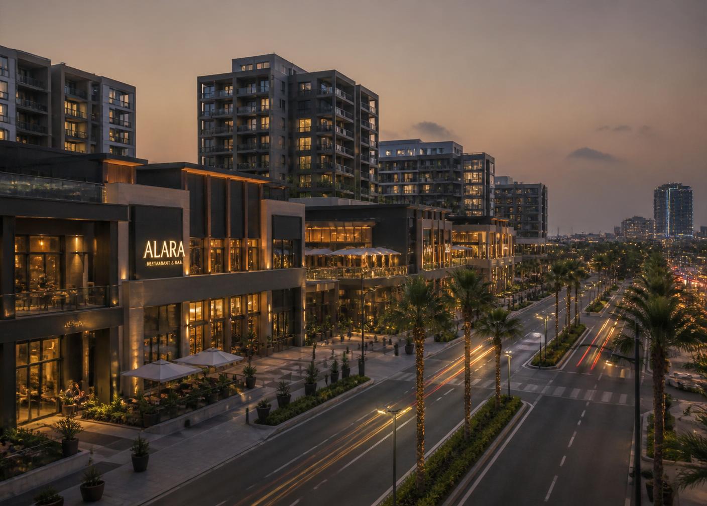 Flagship mixed-use master-planned district at dusk